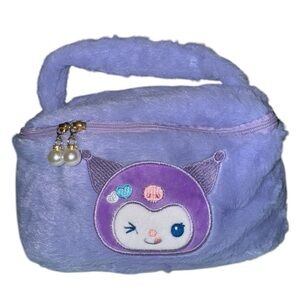 Plush Character Cosmetic Bag | Purple Soft Furry Makeup Pouch | Zipper Case
